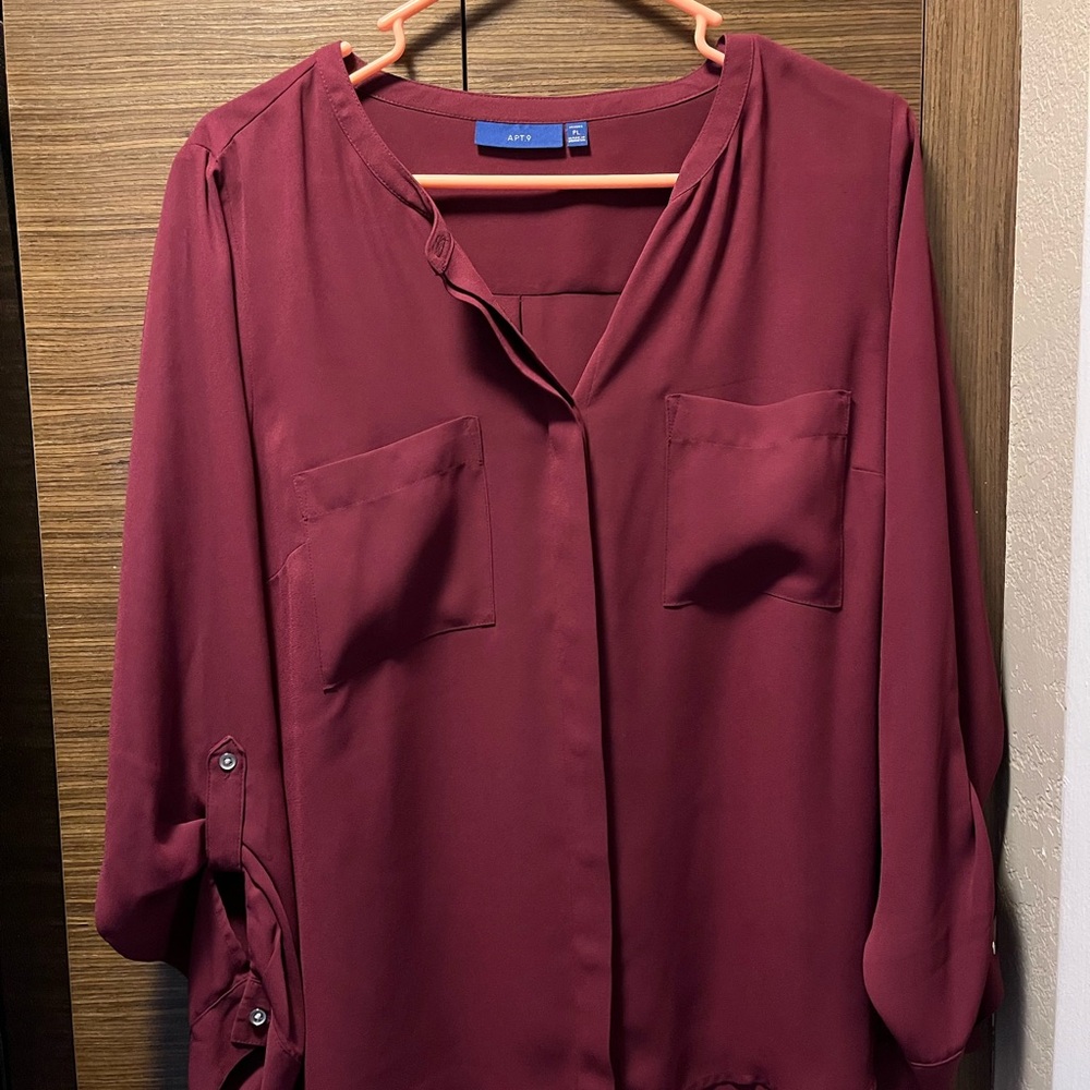 Apt. 9 Red Cuffed Sleeve Blouse with Mandarin Collar